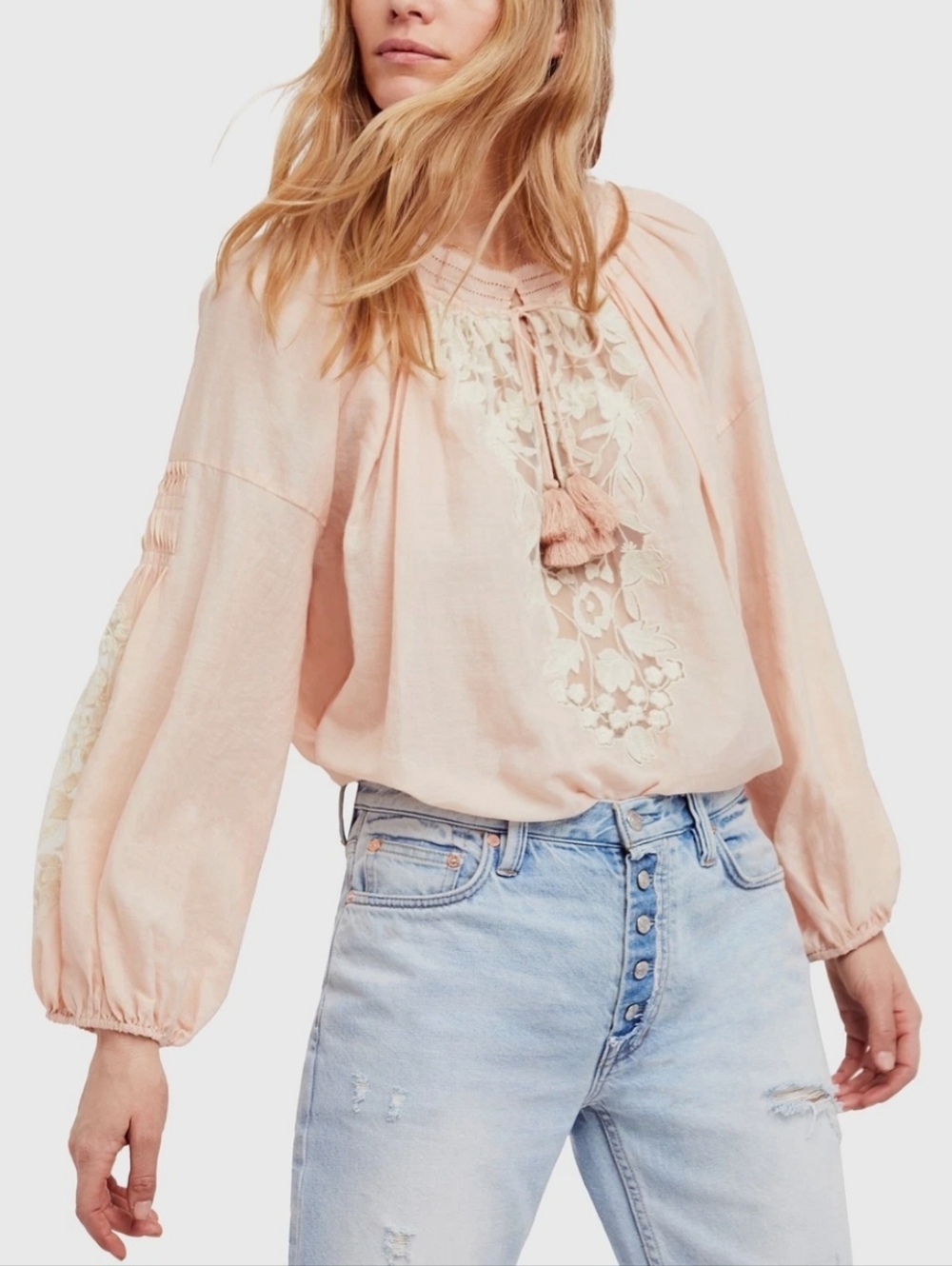 🍑EUC Free People "Shimla Cotton🙌🏻 Embroidered Lace Peasant Top" Peach🍑 Small